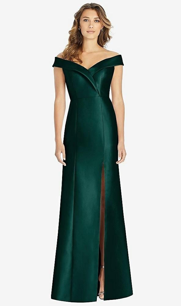 Front View - Evergreen Off-the-Shoulder Cuff Trumpet Gown with Front Slit