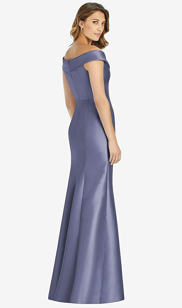 Back View - French Blue Off-the-Shoulder Cuff Trumpet Gown with Front Slit