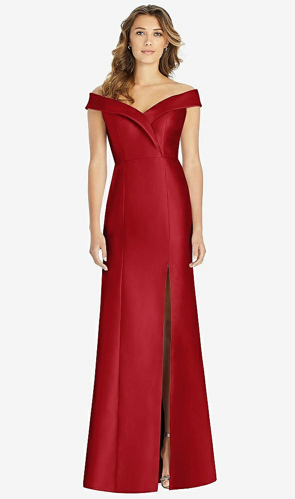 Front View - Garnet Off-the-Shoulder Cuff Trumpet Gown with Front Slit