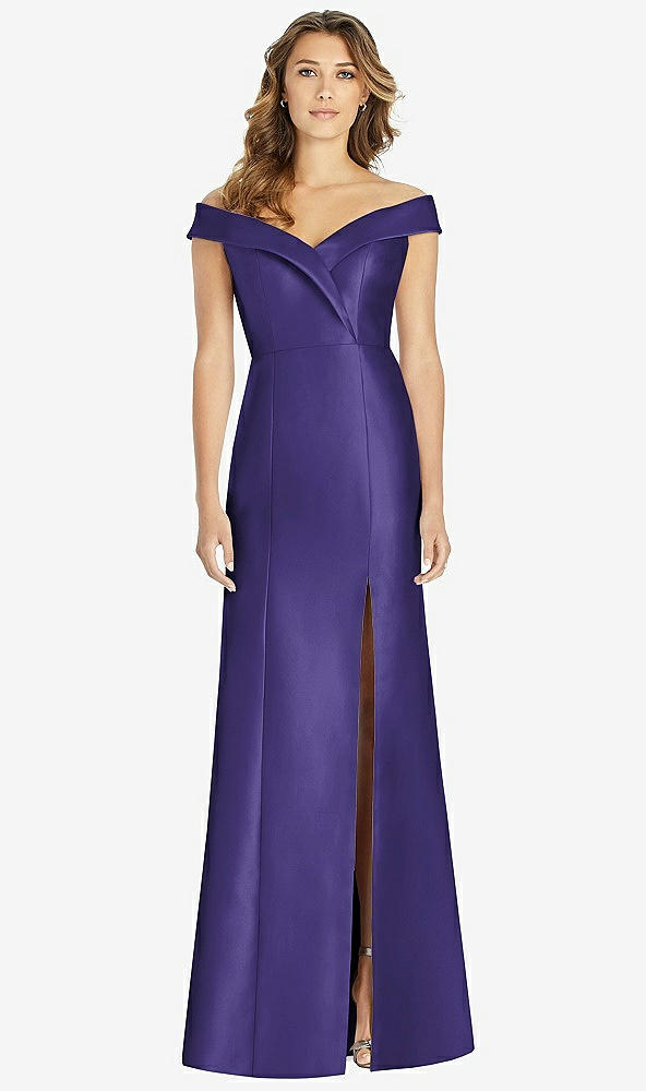 Front View - Grape Off-the-Shoulder Cuff Trumpet Gown with Front Slit