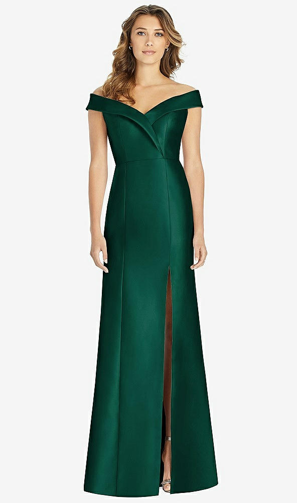 Front View - Hunter Green Off-the-Shoulder Cuff Trumpet Gown with Front Slit