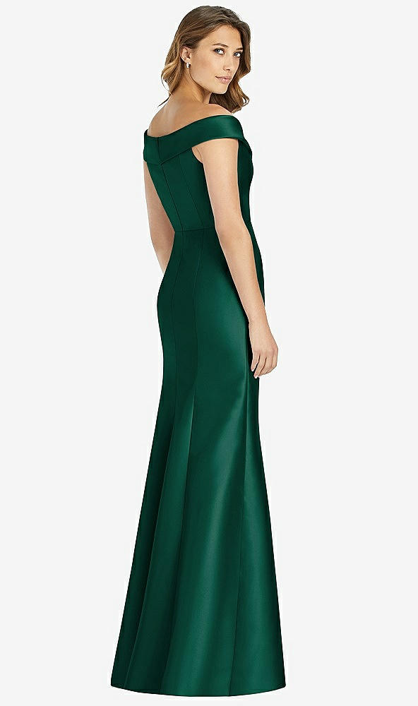 Back View - Hunter Green Off-the-Shoulder Cuff Trumpet Gown with Front Slit