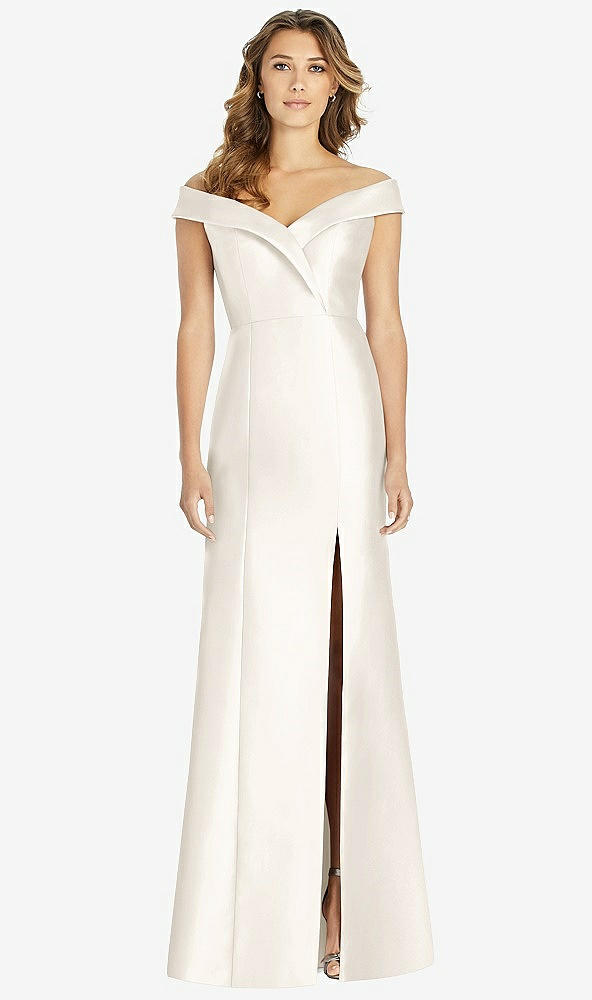 Front View - Ivory Off-the-Shoulder Cuff Trumpet Gown with Front Slit