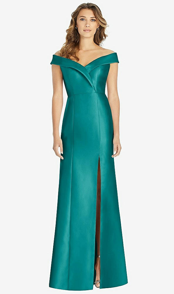 Front View - Jade Off-the-Shoulder Cuff Trumpet Gown with Front Slit