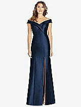 Front View Thumbnail - Midnight Navy Off-the-Shoulder Cuff Trumpet Gown with Front Slit