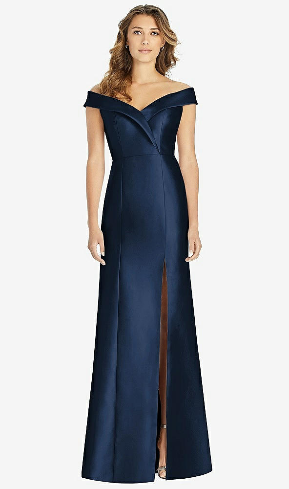 Front View - Midnight Navy Off-the-Shoulder Cuff Trumpet Gown with Front Slit