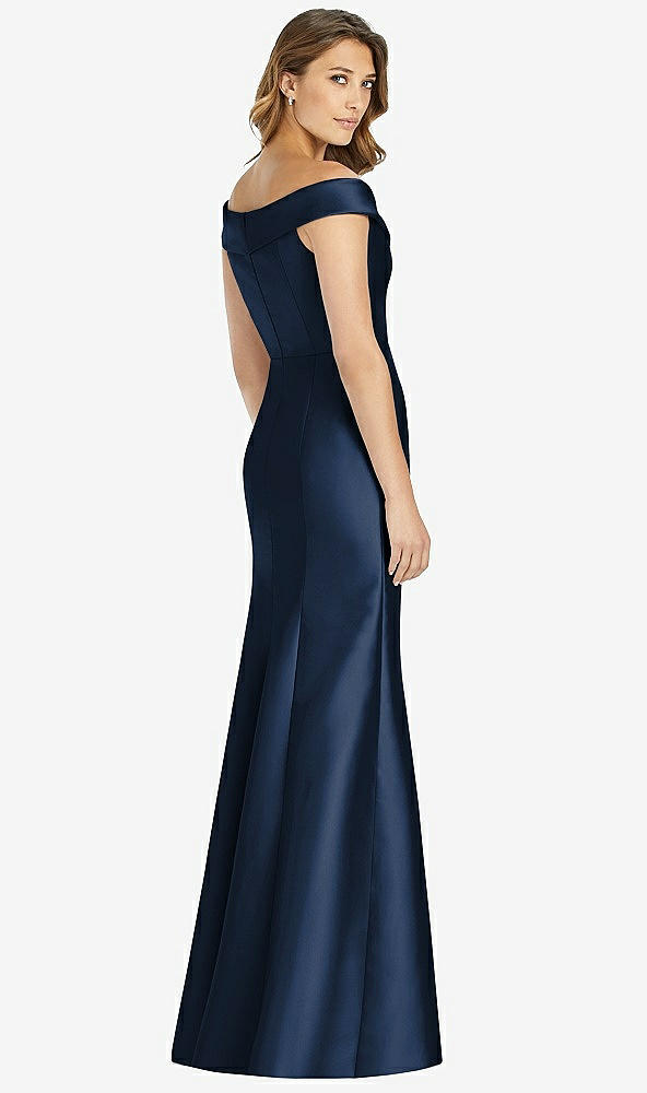 Back View - Midnight Navy Off-the-Shoulder Cuff Trumpet Gown with Front Slit