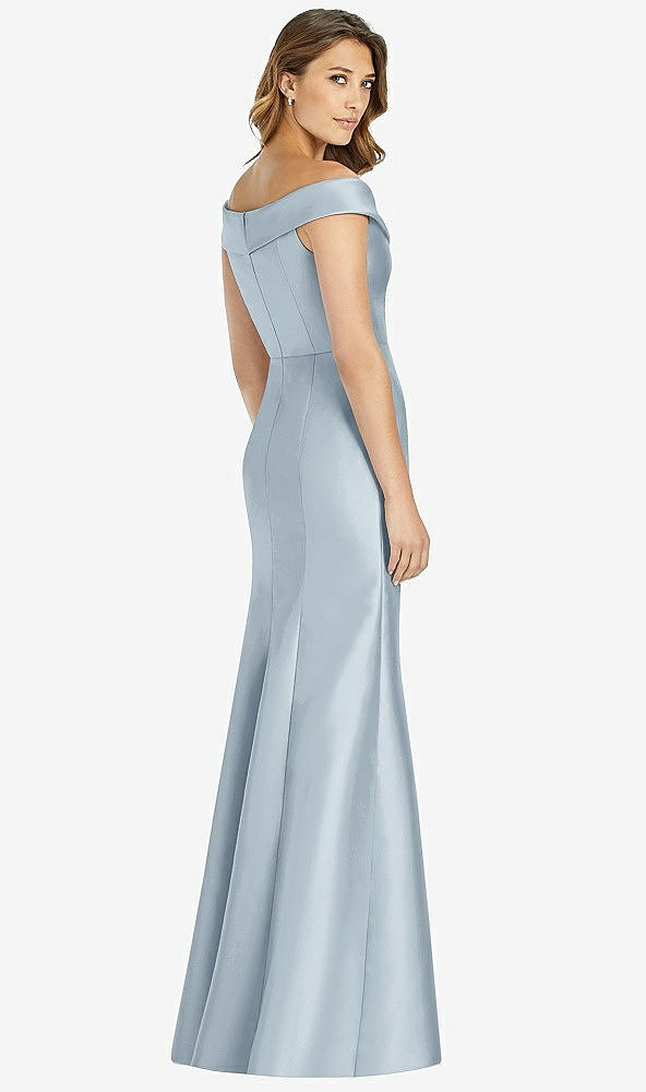 Back View - Mist Off-the-Shoulder Cuff Trumpet Gown with Front Slit