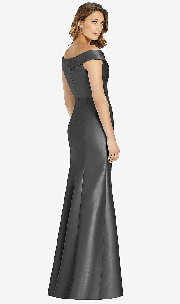 Back View - Pewter Off-the-Shoulder Cuff Trumpet Gown with Front Slit