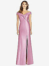 Front View Thumbnail - Powder Pink Off-the-Shoulder Cuff Trumpet Gown with Front Slit