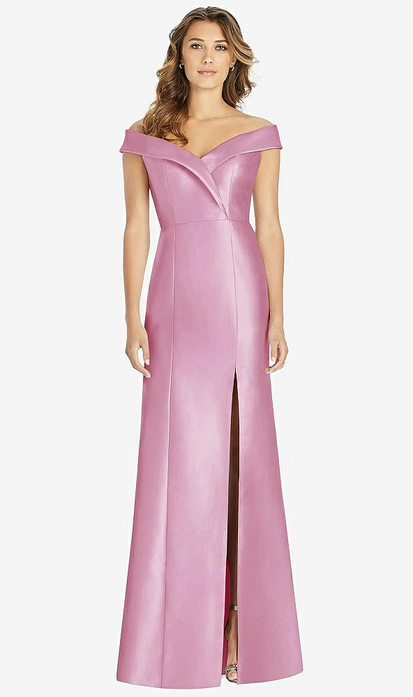 Front View - Powder Pink Off-the-Shoulder Cuff Trumpet Gown with Front Slit
