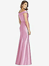 Rear View Thumbnail - Powder Pink Off-the-Shoulder Cuff Trumpet Gown with Front Slit