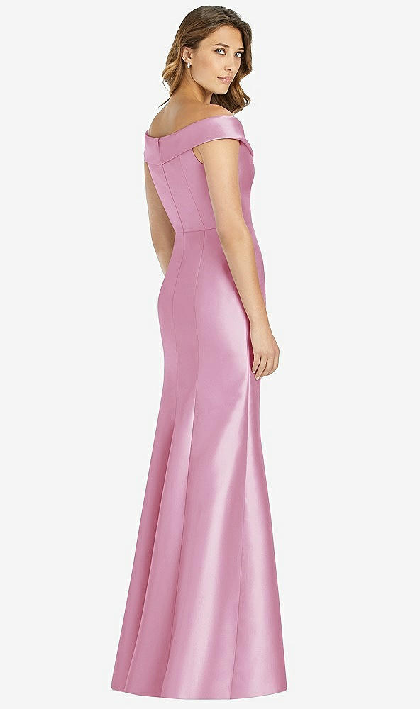 Back View - Powder Pink Off-the-Shoulder Cuff Trumpet Gown with Front Slit