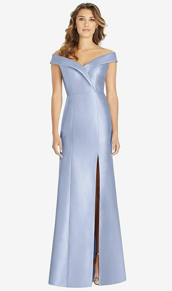Front View - Sky Blue Off-the-Shoulder Cuff Trumpet Gown with Front Slit