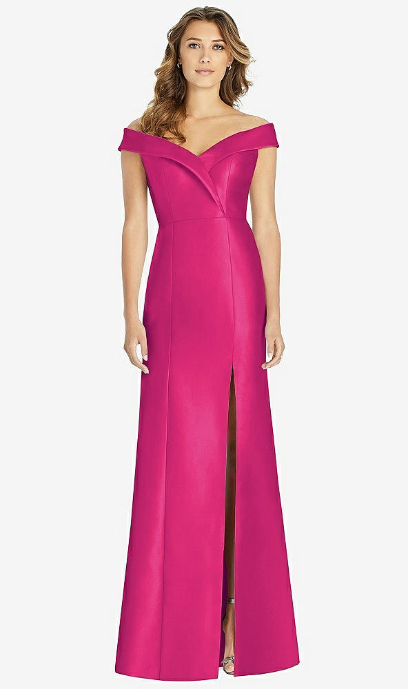 Front View - Think Pink Off-the-Shoulder Cuff Trumpet Gown with Front Slit