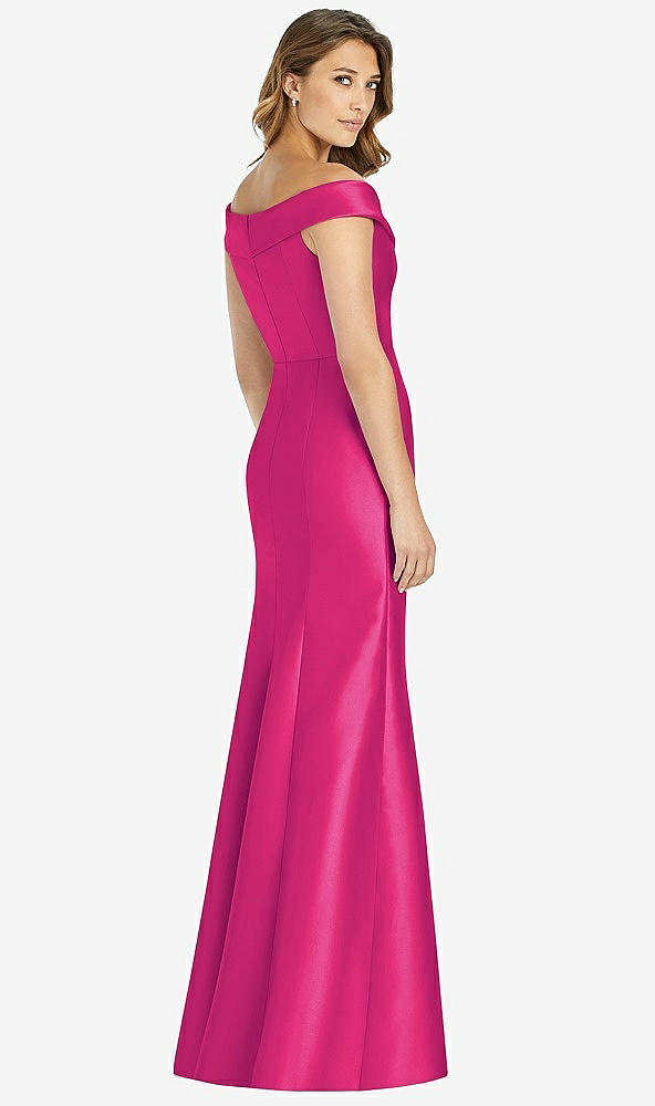 Back View - Think Pink Off-the-Shoulder Cuff Trumpet Gown with Front Slit