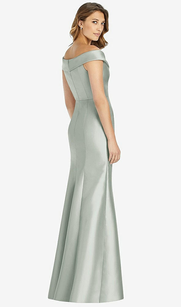 Back View - Willow Green Off-the-Shoulder Cuff Trumpet Gown with Front Slit
