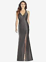Front View Thumbnail - Caviar Gray V-Neck Halter Satin Trumpet Gown
