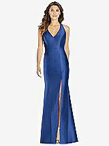 Front View Thumbnail - Classic Blue V-Neck Halter Satin Trumpet Gown