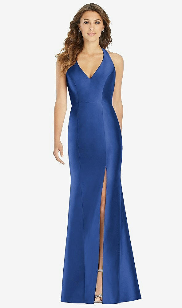 Front View - Classic Blue V-Neck Halter Satin Trumpet Gown