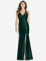 Front View Thumbnail - Evergreen V-Neck Halter Satin Trumpet Gown