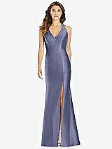 Front View Thumbnail - French Blue V-Neck Halter Satin Trumpet Gown