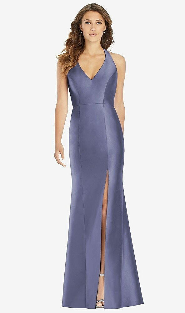 Front View - French Blue V-Neck Halter Satin Trumpet Gown