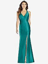 Front View Thumbnail - Jade V-Neck Halter Satin Trumpet Gown