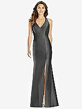 Front View Thumbnail - Pewter V-Neck Halter Satin Trumpet Gown