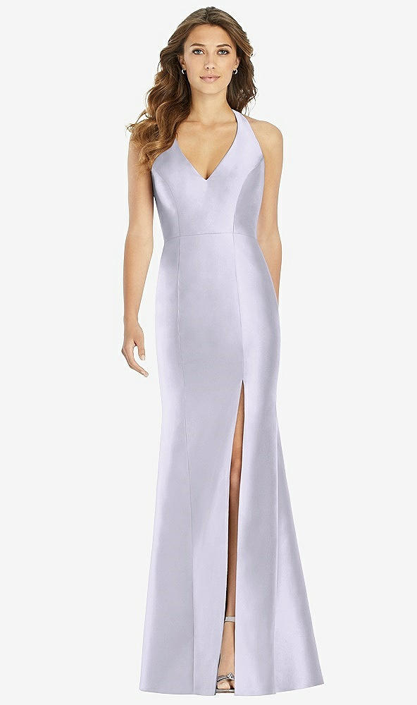 Front View - Silver Dove V-Neck Halter Satin Trumpet Gown