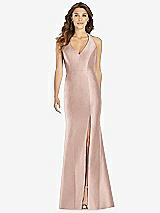 Front View Thumbnail - Toasted Sugar V-Neck Halter Satin Trumpet Gown