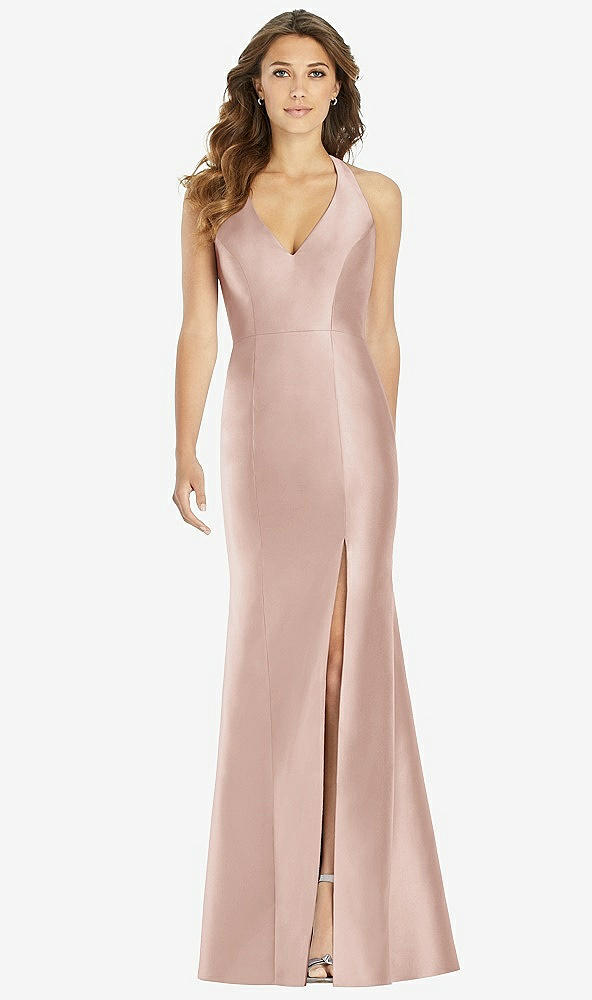 Front View - Toasted Sugar V-Neck Halter Satin Trumpet Gown