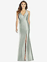 Front View Thumbnail - Willow Green V-Neck Halter Satin Trumpet Gown