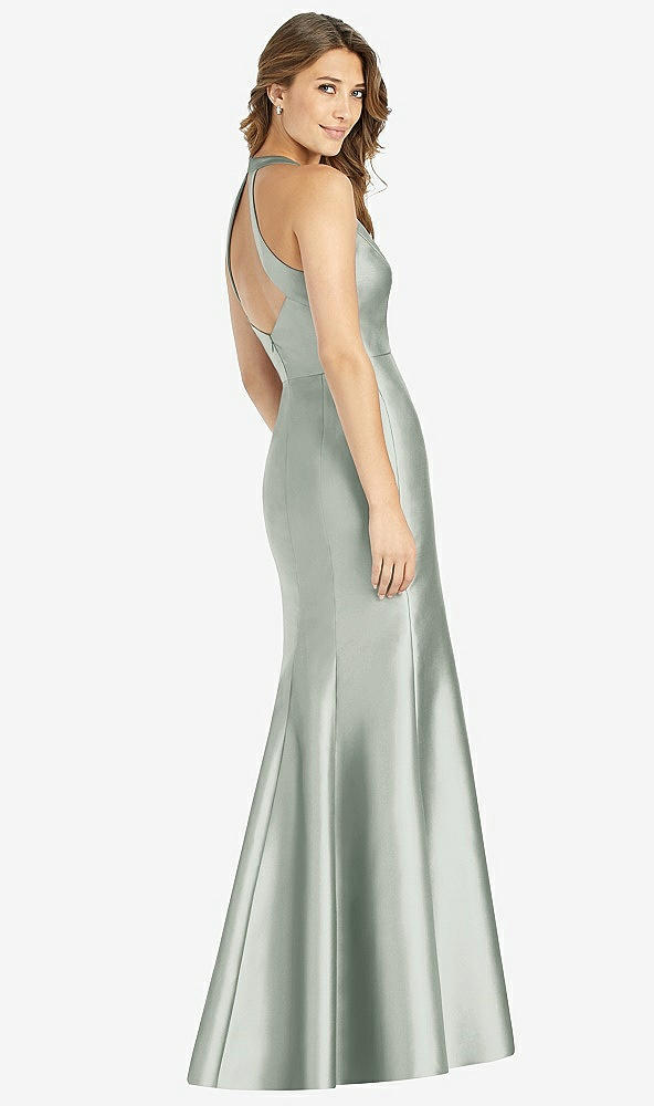 Back View - Willow Green V-Neck Halter Satin Trumpet Gown