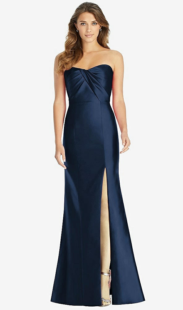 Front View - Midnight Navy Strapless Draped Bodice Trumpet Gown 