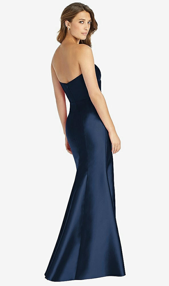 Back View - Midnight Navy Strapless Draped Bodice Trumpet Gown 