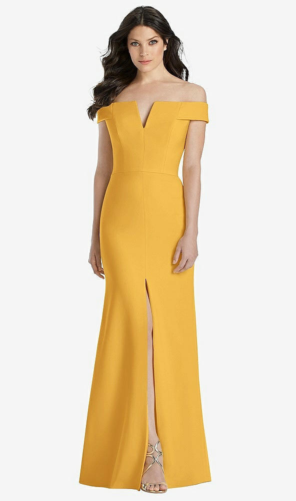 Front View - NYC Yellow Off-the-Shoulder Notch Trumpet Gown with Front Slit
