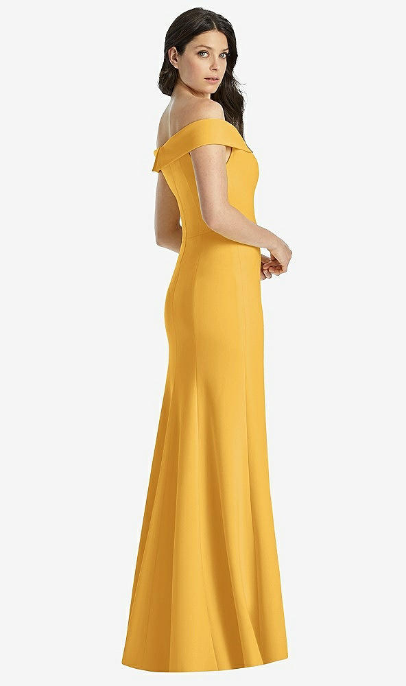 Back View - NYC Yellow Off-the-Shoulder Notch Trumpet Gown with Front Slit