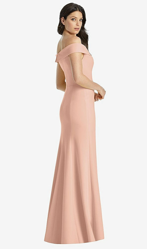 Back View - Pale Peach Off-the-Shoulder Notch Trumpet Gown with Front Slit