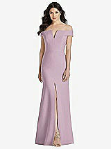 Front View Thumbnail - Suede Rose Off-the-Shoulder Notch Trumpet Gown with Front Slit