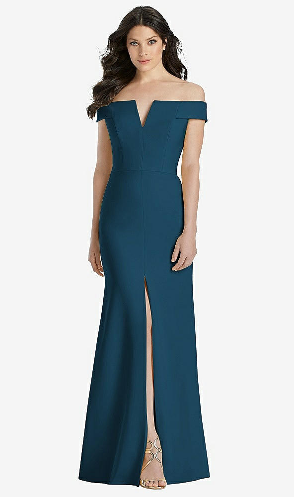 Front View - Atlantic Blue Off-the-Shoulder Notch Trumpet Gown with Front Slit