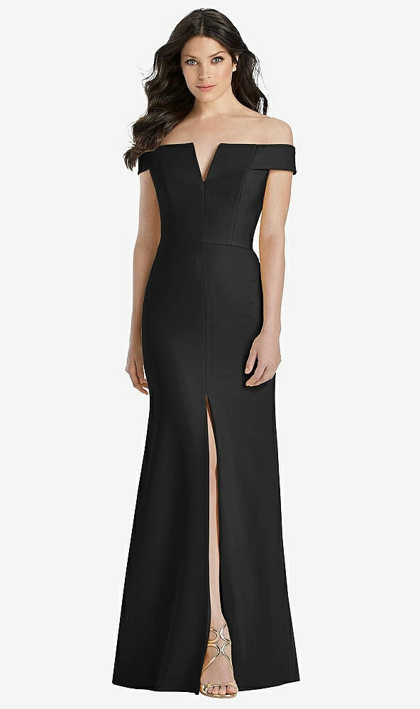 Front View - Black Off-the-Shoulder Notch Trumpet Gown with Front Slit