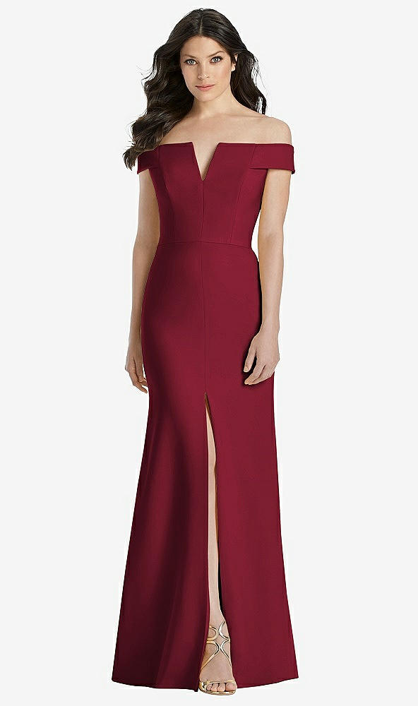 Front View - Burgundy Off-the-Shoulder Notch Trumpet Gown with Front Slit