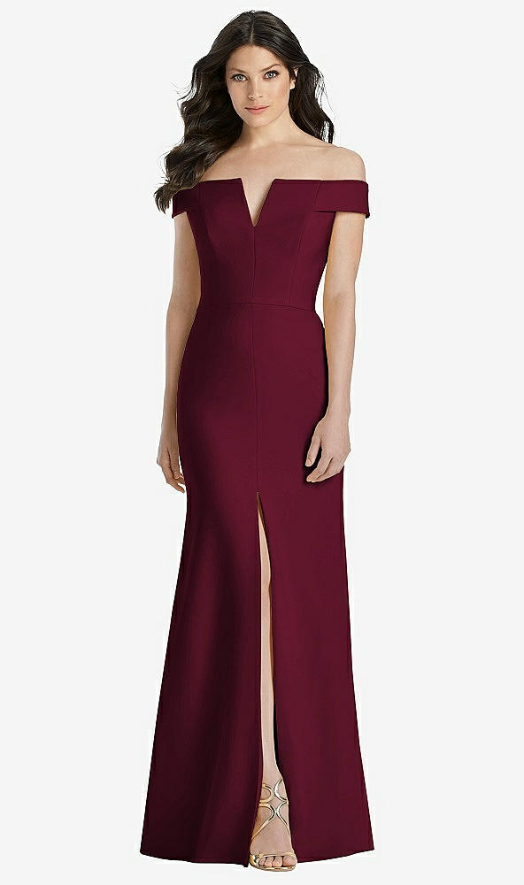 Front View - Cabernet Off-the-Shoulder Notch Trumpet Gown with Front Slit