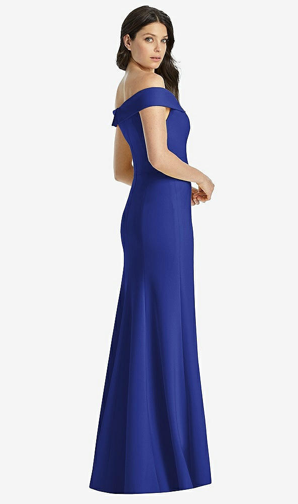Back View - Cobalt Blue Off-the-Shoulder Notch Trumpet Gown with Front Slit