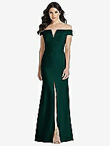 Front View Thumbnail - Evergreen Off-the-Shoulder Notch Trumpet Gown with Front Slit