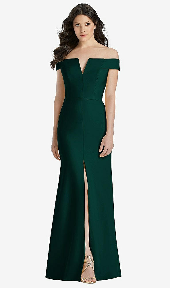 Front View - Evergreen Off-the-Shoulder Notch Trumpet Gown with Front Slit