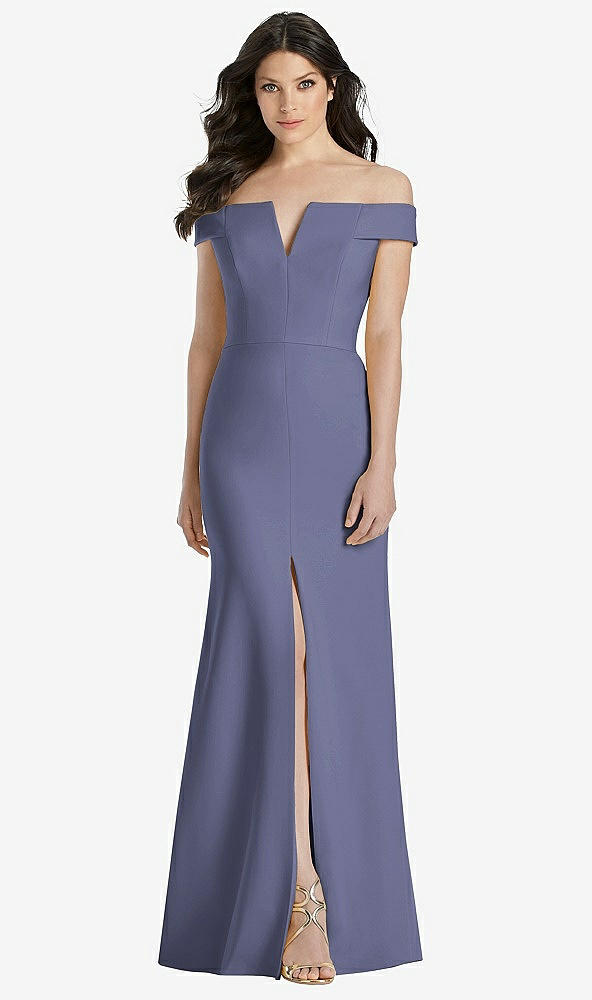 Front View - French Blue Off-the-Shoulder Notch Trumpet Gown with Front Slit