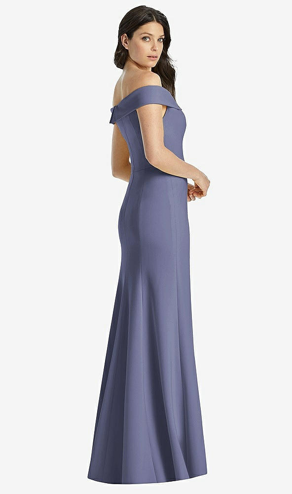 Back View - French Blue Off-the-Shoulder Notch Trumpet Gown with Front Slit