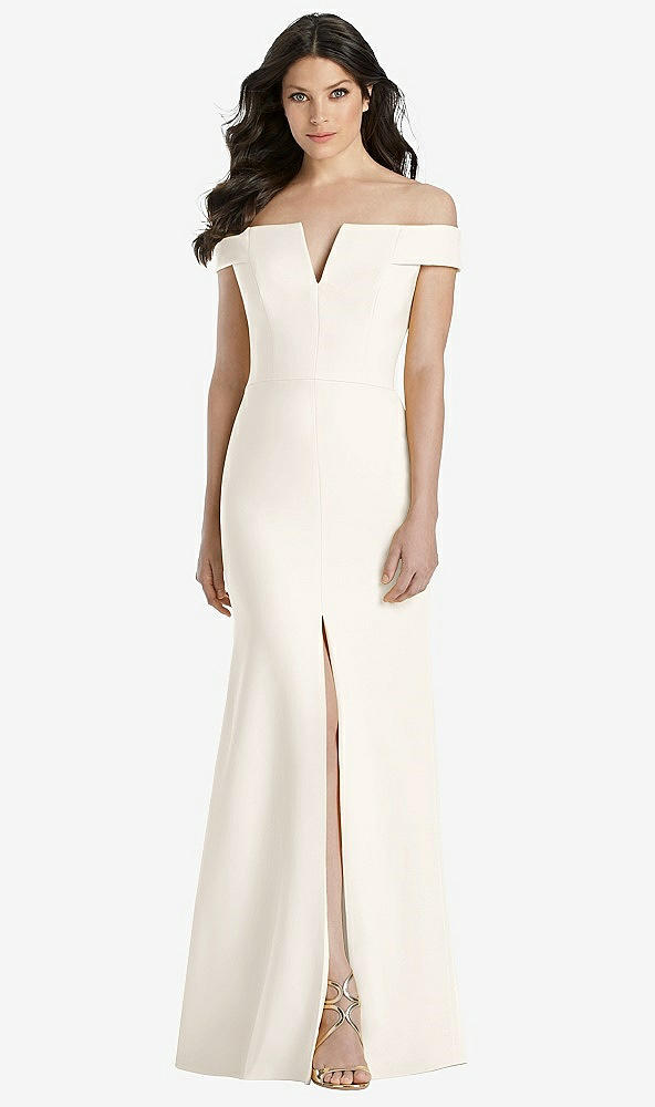 Front View - Ivory Off-the-Shoulder Notch Trumpet Gown with Front Slit